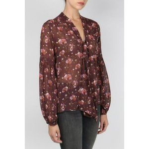 Ulla Johnson Mimi Burgundy Plum Floral Mock Tie Neck Silk Long Sleeve Blouse Top